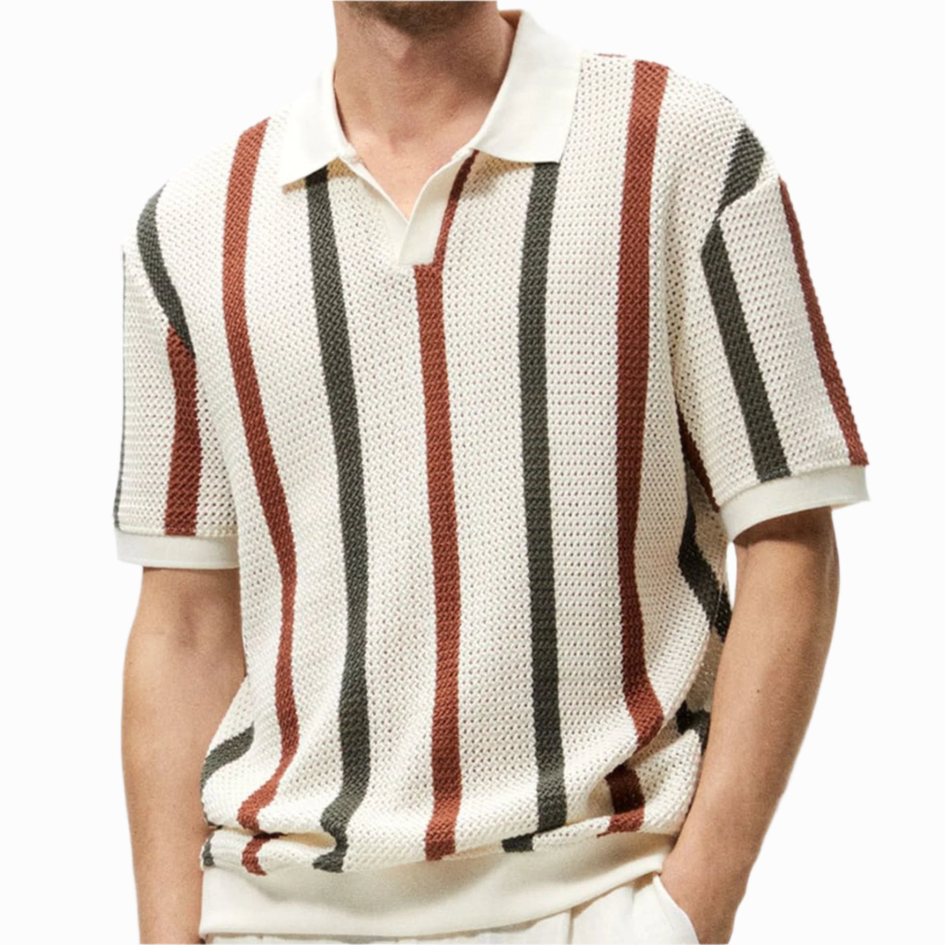 Men's - Polo Shirt - Woolen Thick Knit with Striped Contrast - Casual Winter Top