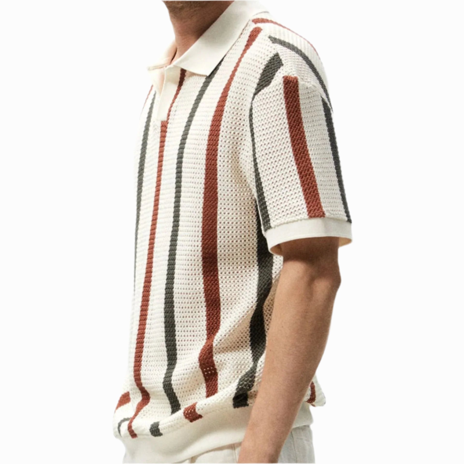 Men's - Polo Shirt - Woolen Thick Knit with Striped Contrast - Casual Winter Top
