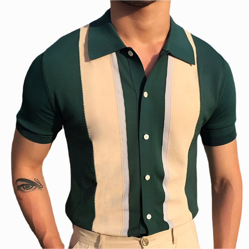 Men's - Polo Shirt - Knitted Short Sleeve with Contrast Flip Collar - Elegant Casual Top
