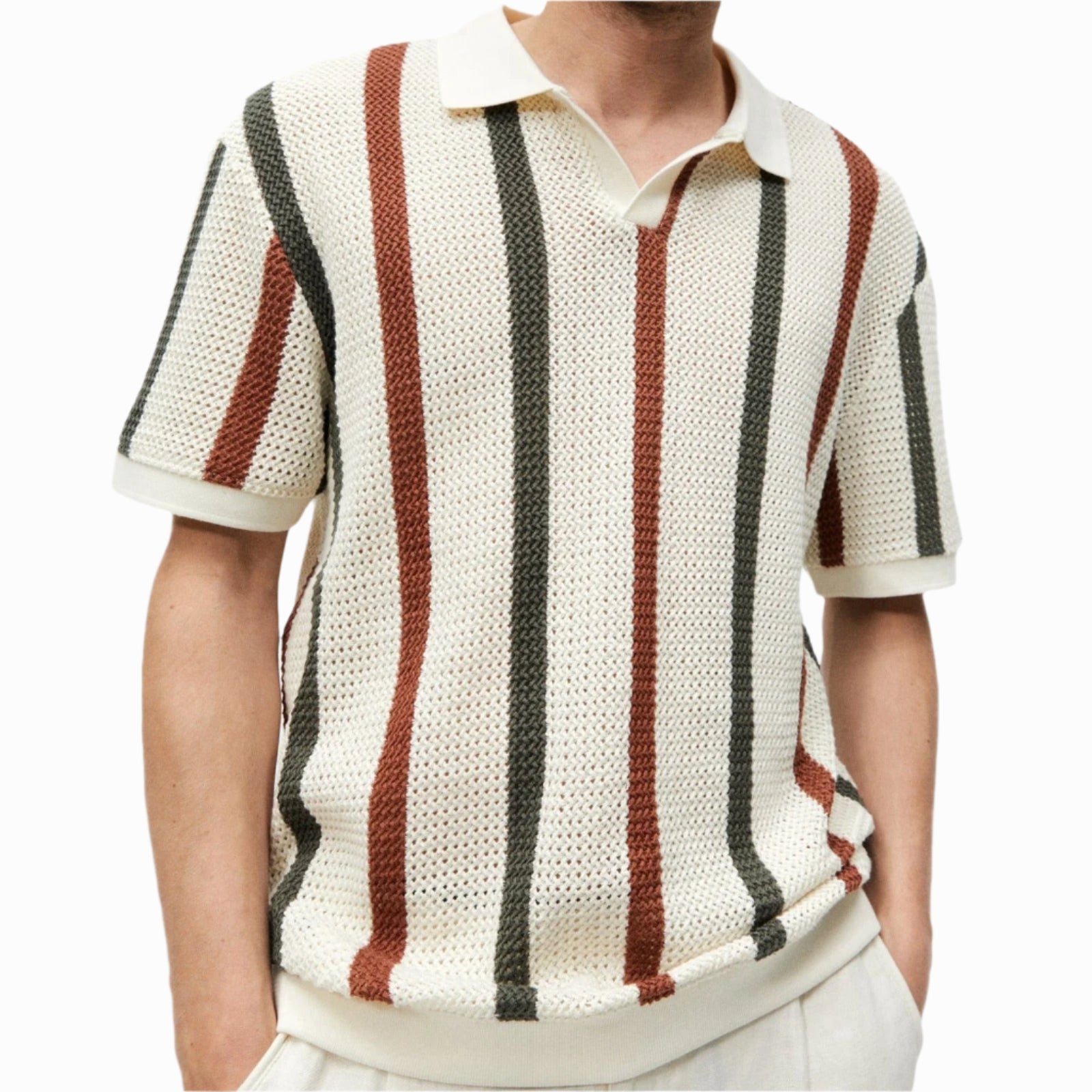 Men's - Polo Shirt - Woolen Thick Knit with Striped Contrast - Casual Winter Top