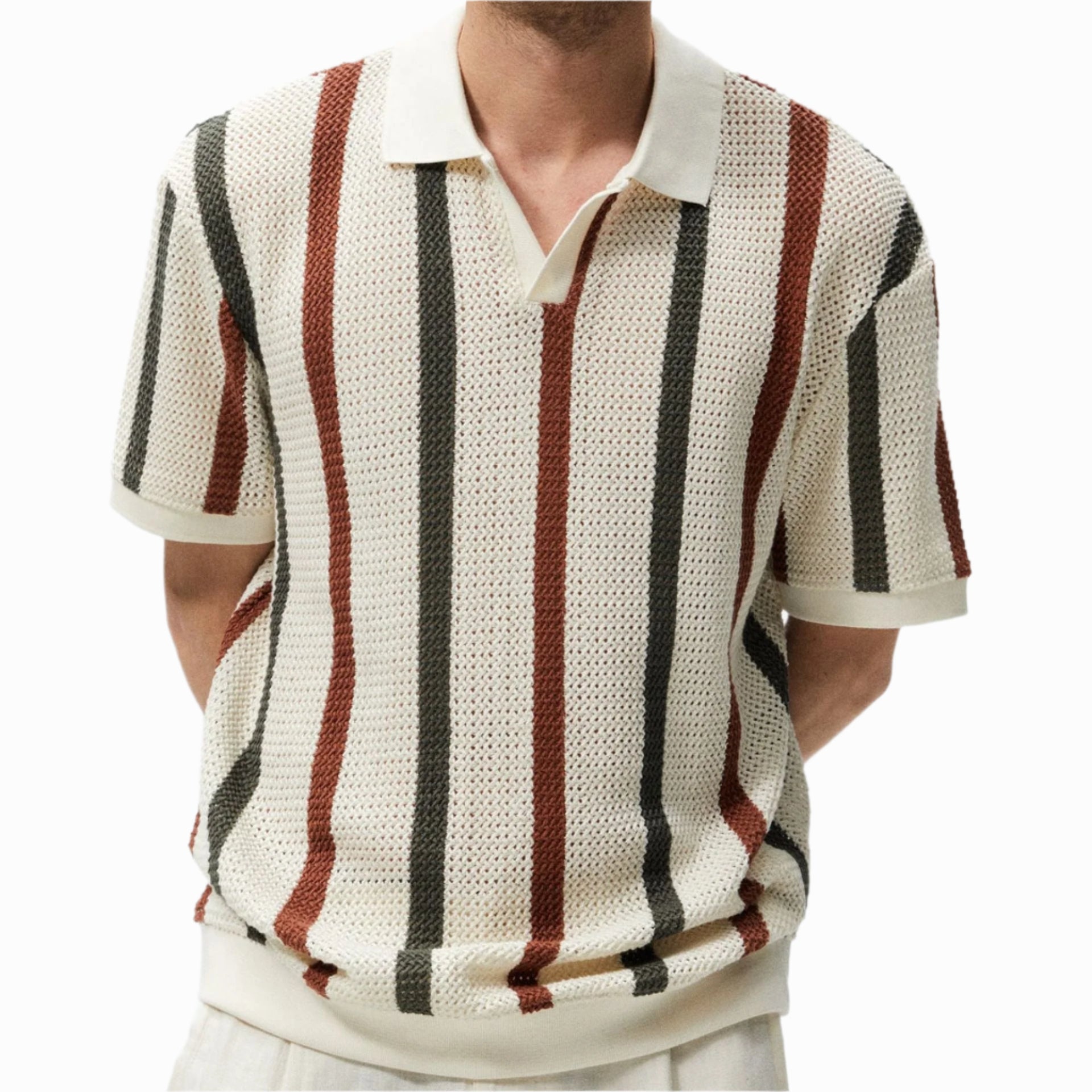 Men's - Polo Shirt - Woolen Thick Knit with Striped Contrast - Casual Winter Top