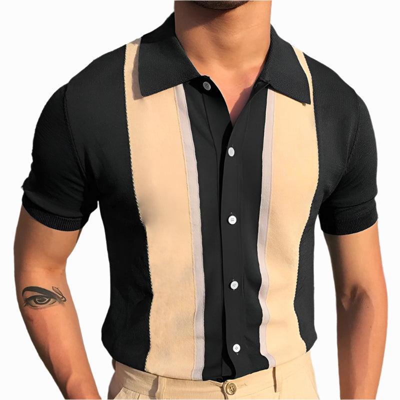 Men's - Polo Shirt - Knitted Short Sleeve with Contrast Flip Collar - Elegant Casual Top